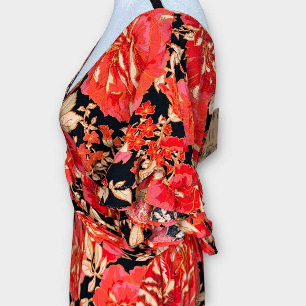 Anthropologie NWT Abel the Label‎ Maxi Dress S Red Floral Smocked Waist Ruffle